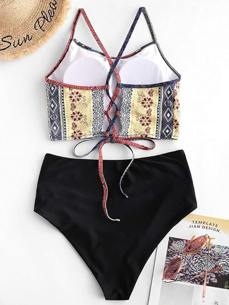 ZAFUL Women's Padded Bohemian Lace Up Tummy Control High Waisted Tankini Swimsuit Boho Two Piece Bathing Suit,M - Image 4